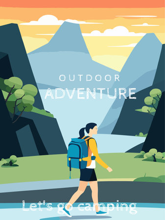Adventure woman tourist enjoying hiking in mountains with and backpack flat illustration vectorのイラスト素材