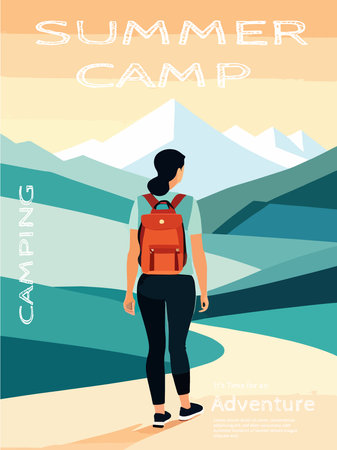 Woman against backdrop mountain looking. Travel concept discovering, exploring, observing nature. Hiking tourism. Adventure. Vector landscape illustration. Minimalist flat design.のイラスト素材