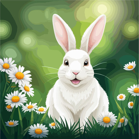 Small funny white hare or rabbit on forest glade from fairytale, vector cartoon illustration on natural backgroundのイラスト素材
