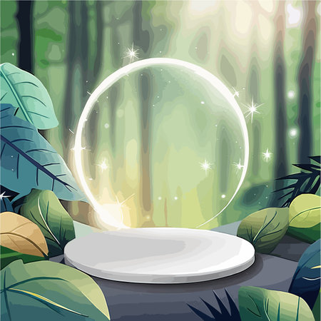 Flat stone podium in magical forest illustration, empty round stand background, natural stage for cosmetic product display minimal design, vector illustrationのイラスト素材
