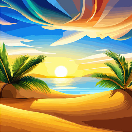 Abstract view sandy beach with palm tree. Tropical resort. Sunrise on seashore. Vector Illustration.のイラスト素材
