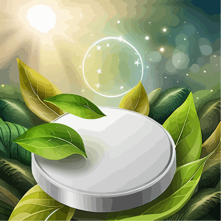 Flat stone podium in magical forest illustration, empty round stand background, natural stage for cosmetic product display minimal design, vector illustrationのイラスト素材