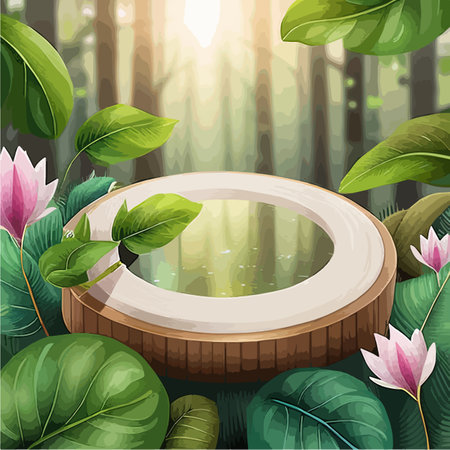White round template podium mockup with natural organic cosmetic product, green fresh leaves nature frame. Vector illustrationのイラスト素材