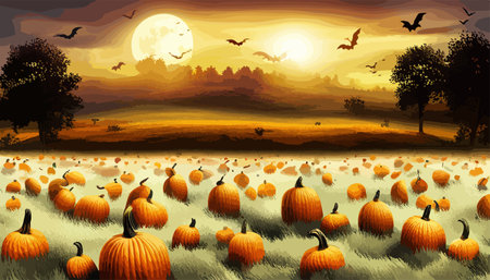 Autumn scene with field pumpkins in grass on sky Thanksgiving and halloween holiday greeting card background. Season festive scenery with harvest crop on countryside farm wallpaper vector illustrationのイラスト素材