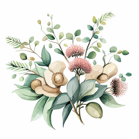 Bouquet watercolor wildflowers herbs and leaf. Collection garden and wild, forest herb, flowers, branches. Vector illustration isolated on white background, exotic leaf. Botanicのイラスト素材