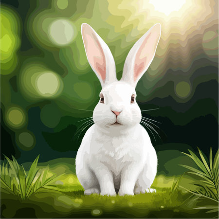 Small funny white hare or rabbit on forest glade from fairytale, vector cartoon illustration on natural backgroundのイラスト素材