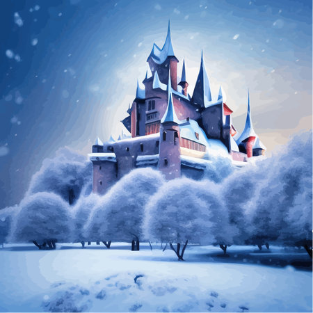 Fantasy background with mysterious medieval castle in snowy hills. Vector illustrationのイラスト素材