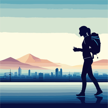 Adventure woman tourist enjoying hiking in mountains with and backpack flat illustration vectorのイラスト素材