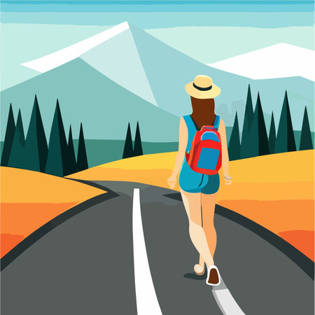 Adventure woman tourist enjoying hiking in mountains with and backpack flat illustration vectorのイラスト素材