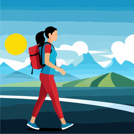 Adventure woman tourist enjoying hiking in mountains with and backpack flat illustration vectorのイラスト素材