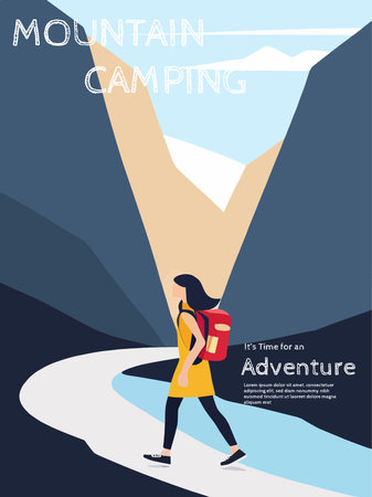 Adventure woman tourist enjoying hiking in mountains with and backpack flat illustration vectorのイラスト素材
