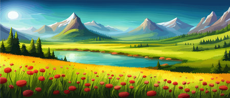 Panoramic banner with wild multicolored flower field in mountains on a green meadow, panorama vector illustrationのイラスト素材