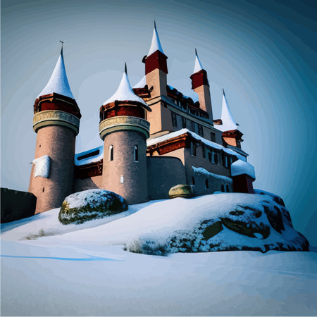 Fantasy background with mysterious medieval castle in snowy hills. Vector illustrationのイラスト素材