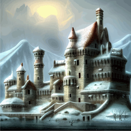 Fantasy background with mysterious medieval castle in snowy hills. Vector illustrationのイラスト素材