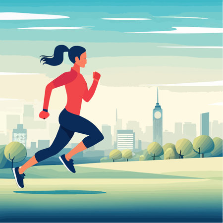 Sport Activity, Jogging and Healthy Lifestyle Exercise. Happy Female Character in Run on City Park Background. Athletic Woman in Sports Wear Running Cartoon Vector Illustrationのイラスト素材