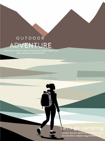 Adventure woman tourist enjoying hiking in mountains with and backpack flat illustration vectorのイラスト素材