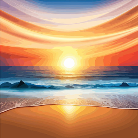 Summer Exotic Beach Landscape sandy shore with green palm trees and blue sea, vector illustrationのイラスト素材