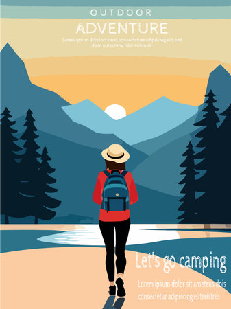 Adventure woman tourist enjoying hiking in mountains with and backpack flat illustration vectorのイラスト素材