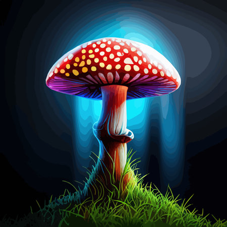 Mushrooms sitting top lush green forest psychedelic black light artist used bright neon lamp nuclear mushroom, vector illustrationのイラスト素材