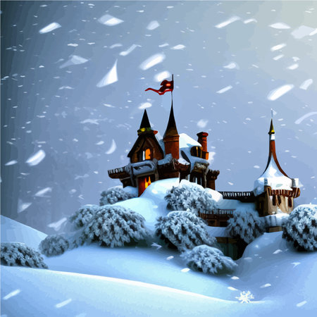 Fantasy background with mysterious medieval castle in snowy hills. Vector illustrationのイラスト素材