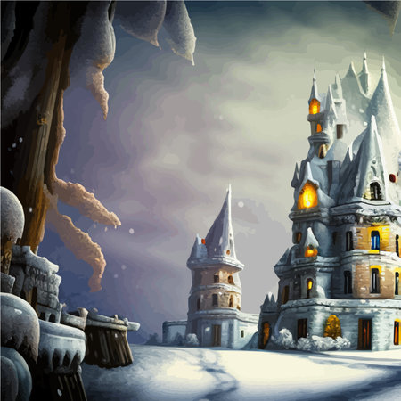 Fantasy background with mysterious medieval castle in snowy hills. Vector illustrationのイラスト素材