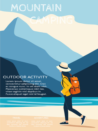Adventure woman tourist enjoying hiking in mountains with and backpack flat illustration vectorのイラスト素材