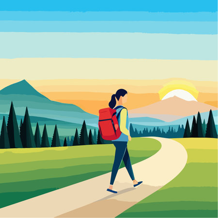 Woman tourist with backpack climbs to top mountain, looks into distance at is on the horizon vector illustration, travel and campingのイラスト素材