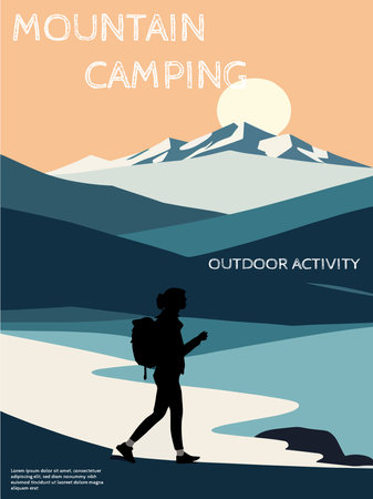 Woman tourist with backpack climbs to top mountain, looks into distance at is on the horizon vector illustration, travel and campingのイラスト素材