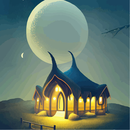 Old house in woods against background full moon. Dwelling witch, sorcerer. Mystical creepy night fog. Vector illustrationのイラスト素材