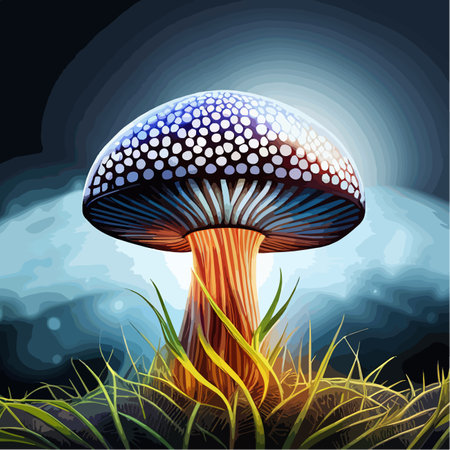 Mushrooms sitting top lush green forest psychedelic black light artist used bright neon lamp nuclear mushroom, vector illustrationのイラスト素材