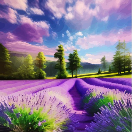 Purple lavender bloom. Purple fragrant lavender flowers. Illustration for perfumery, health products, wedding. Summer landscape Provence, France. Vector illustrationのイラスト素材