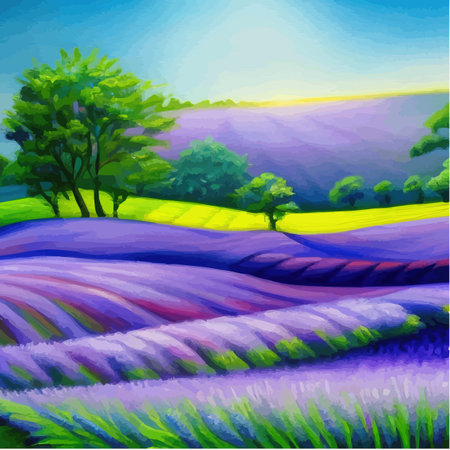 Purple lavender bloom. Purple fragrant lavender flowers. Illustration for perfumery, health products, wedding. Summer landscape Provence, France. Vector illustrationのイラスト素材