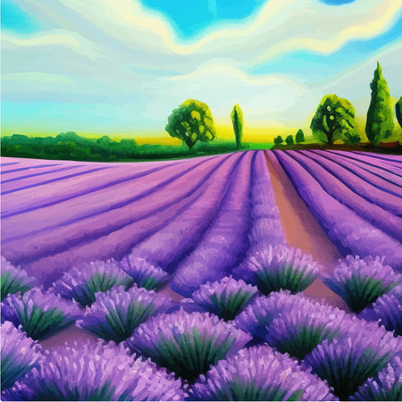 Purple lavender bloom. Purple fragrant lavender flowers. Illustration for perfumery, health products, wedding. Summer landscape Provence, France. Vector illustrationのイラスト素材