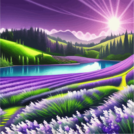 Purple lavender bloom. Purple fragrant lavender flowers. Illustration for perfumery, health products, wedding. Summer landscape Provence, France. Vector illustrationのイラスト素材
