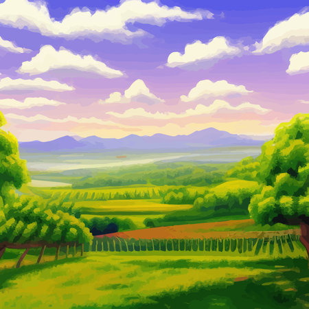 Beautiful rural scene with vineyard on hills with trees and bushes against background of the mountains. Summer landscape vector illustrationのイラスト素材