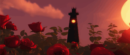 Drawing field red rose flowers and blurred background view dark mysterious tower and a bright moon, dark fantasy fairy tale banner, vector illustrationのイラスト素材