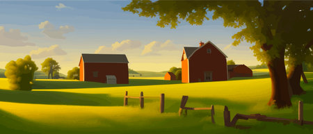 Village summer landscape. Village houses in traditional style. Trees near houses illustration vector. Village street. Old huts. Farm houses.のイラスト素材
