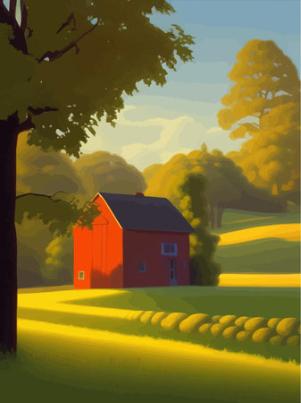 Rural landscape with sunny summer day in village. Beautiful summer fields landscape with green hills, bright blue sky and house and trees. A country. Green landscape with fields. Vector illustrationのイラスト素材