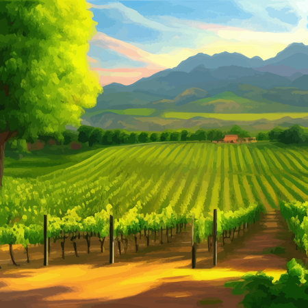 Beautiful rural scene with vineyard on hills with trees and bushes against background of the mountains. Summer landscape vector illustrationのイラスト素材
