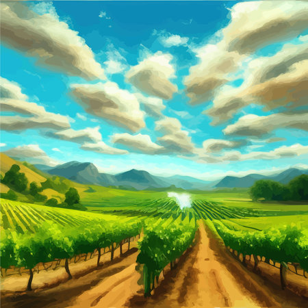 Beautiful rural scene with vineyard on hills with trees and bushes against background of the mountains. Summer landscape vector illustrationのイラスト素材