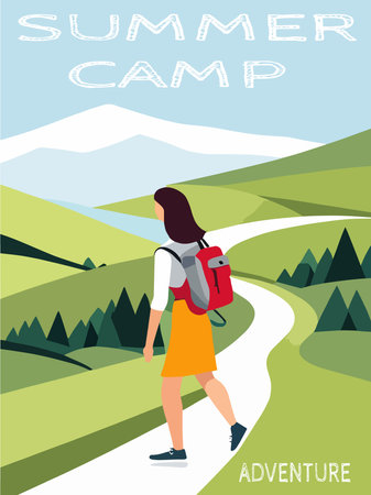 Woman tourist with backpack climbs to top mountain, looks into distance at is on the horizon vector illustration, travel and campingのイラスト素材