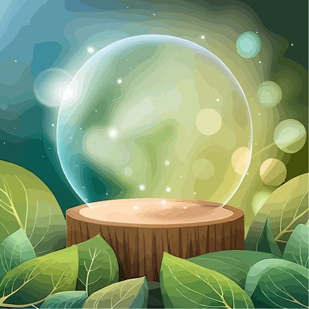 Round pedestal in green forest scenery empty product podium in natural environment, green trees around, mystical mood, vector illustrationのイラスト素材