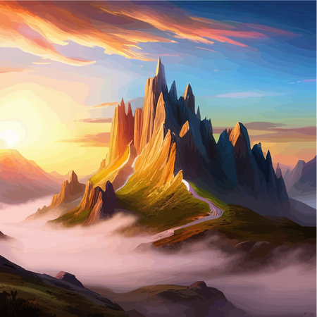 Misty morning in mountains full fog over Forest, mountains and cloudy sky vector illustrationのイラスト素材