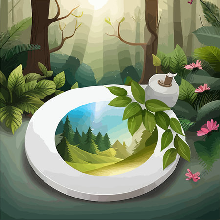 Round pedestal in green forest scenery empty product podium in natural environment, green trees around, mystical mood, vector illustrationのイラスト素材