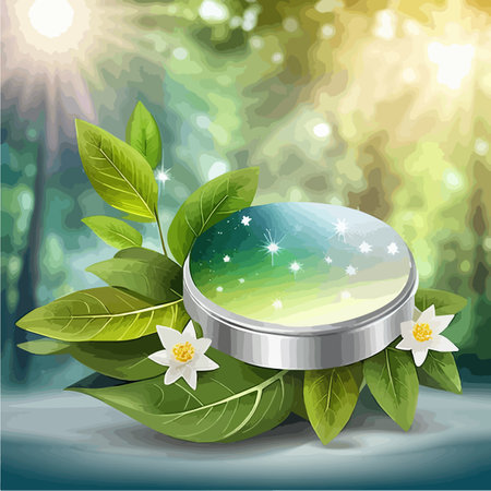 Round pedestal in green forest scenery empty product podium in natural environment, green trees around, mystical mood, vector illustrationのイラスト素材