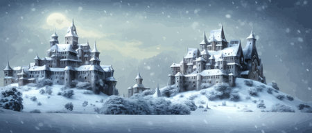 Banner Vector illustration fabulous castle and winter landscape on snowy weather with snowfallのイラスト素材
