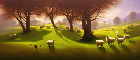 Sheep in meadows and green hills. Summer rural landscape banner vector illustration of nature and animalsのイラスト素材