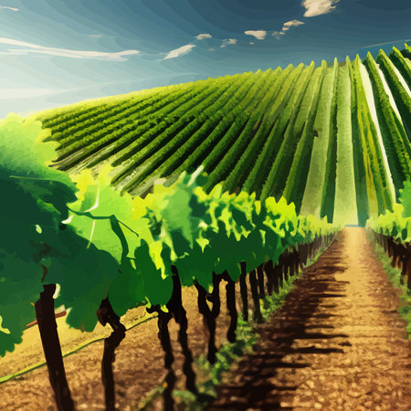 Beautiful grape plantation hills, trees, clouds against backdrop of mountains on the horizon vector illustrationのイラスト素材