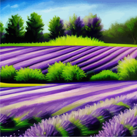Purple lavender bloom. Purple fragrant lavender flowers. Illustration for perfumery, health products, wedding. Summer landscape Provence, France. Vector illustrationのイラスト素材