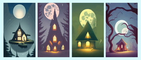 Banner set mystical landscape of a house and moon with big tree illustration design concept. Vector illustrationの写真素材